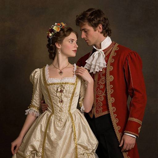 Photograph of a Victorian-era couple; woman in cream satin gown with gold trim and floral crown, man in red embroidered coat, white ruffled shirt