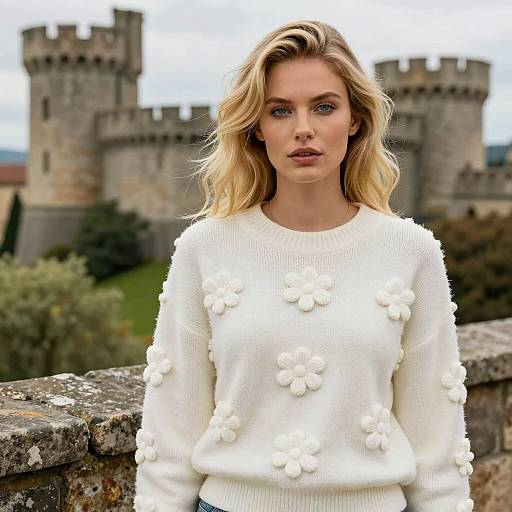 Blonde Woman in Sweater Against Castle