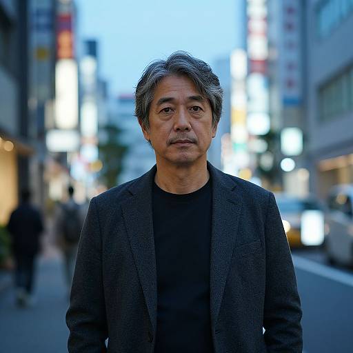 Photograph of an Asian man with gray hair, wearing a black blazer and shirt, standing on a brightly lit city street at dusk. Blurred