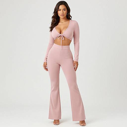 Photograph of a curvy woman with long dark hair, wearing a light pink, long-sleeve crop top and high-waisted pants,