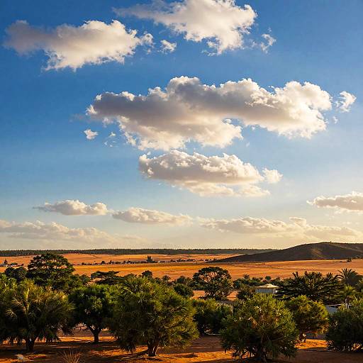 Photograph of a vibrant sunset over a dry, orange-hued landscape with scattered green trees, fluffy white clouds against a blue sky, and distant hills