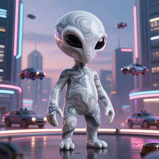 Digital CGI of a white, swirled-patterned alien child with large black eyes standing in a neon-lit, futuristic city street.