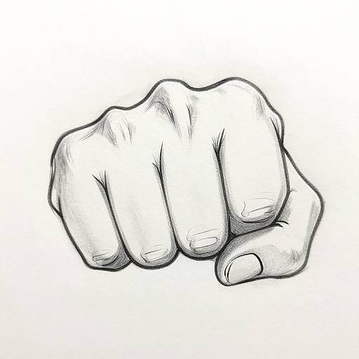 Black-and-white sketch of a clenched right hand with detailed shading, emphasizing knuckles and fingernails, against a plain white background.