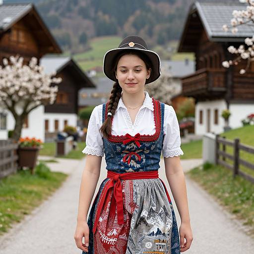 Photograph of a young woman in traditional Bavarian dirndl with blue, white, and red patterns, black hat, standing on a gravel path in
