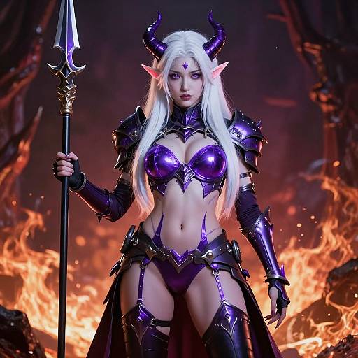 Digital art of a white-haired, horned demoness with purple armor, holding a spear, standing in front of fiery flames.