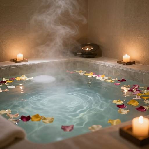 Photograph of a steaming, candlelit, flower-petal-adorned bathtub with swirling water, set in a tiled corner, surrounded by soft