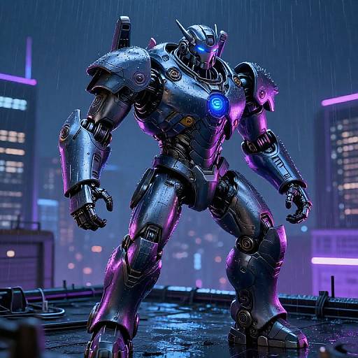 CGI image of a futuristic, silver robotic warrior with glowing blue and purple accents, standing in a rainy, neon-lit cityscape.