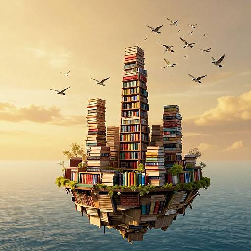Photorealistic digital art: Floating island of towering, stacked, colorful books surrounded by birds, with a serene ocean and sunset sky.