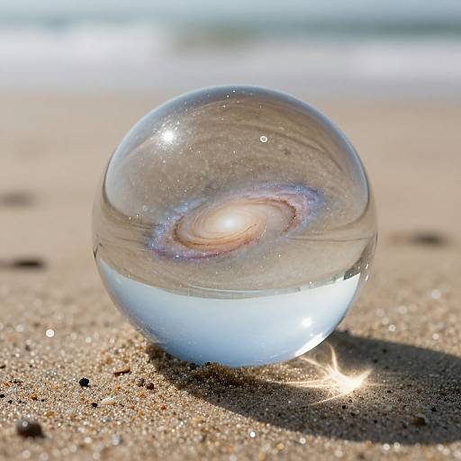 Photograph of a clear glass sphere on sandy beach, reflecting a spiral galaxy pattern, with sunlight and ocean waves in background.