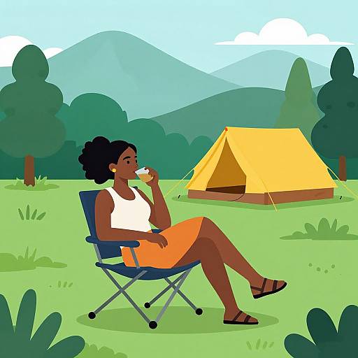 Digital illustration of a dark-skinned woman with curly hair, wearing a white tank top and orange shorts, sitting in a camping chair, sipping from