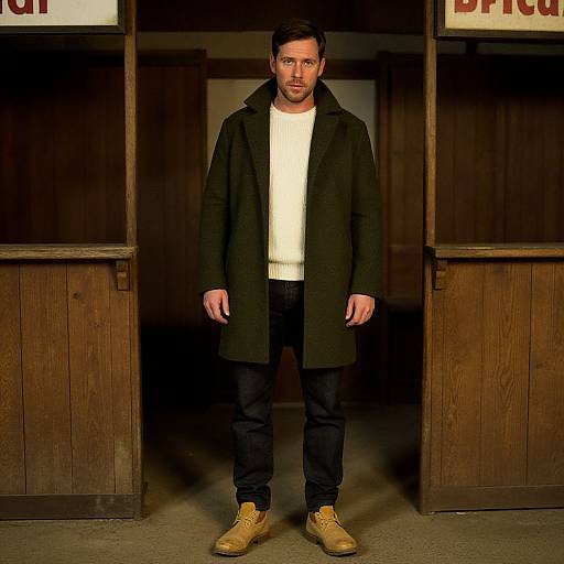 Photograph of a serious young man with short brown hair, wearing a black coat, white t-shirt, black jeans, and tan boots, standing in