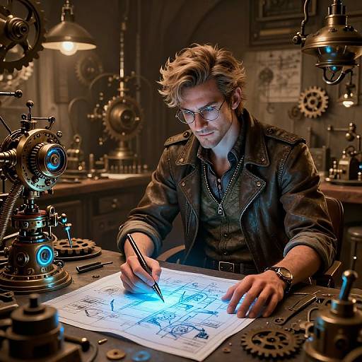 Steampunk inventor with messy blonde hair, glasses, and leather jacket, drawing blue-lit blueprint in a dimly lit, gear-filled workshop.