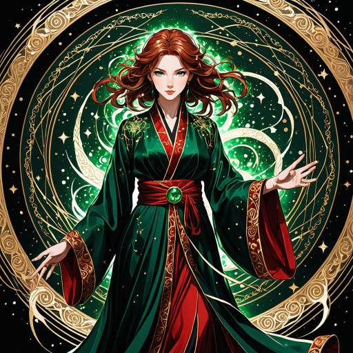 Anime Mage in Emerald Silk Robe Magic Circle