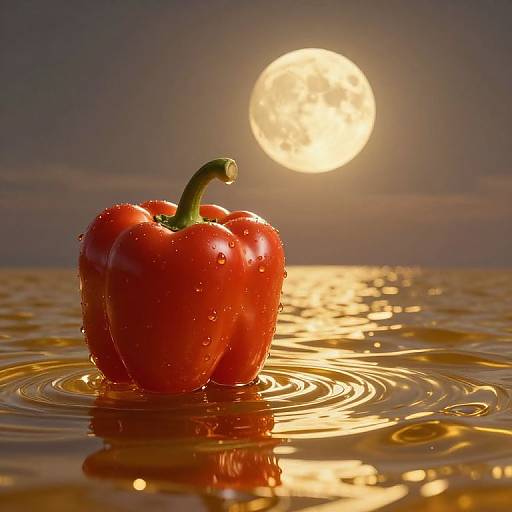 Photograph of a red bell pepper with water droplets, standing in rippling water at night, with a full moon in the background.