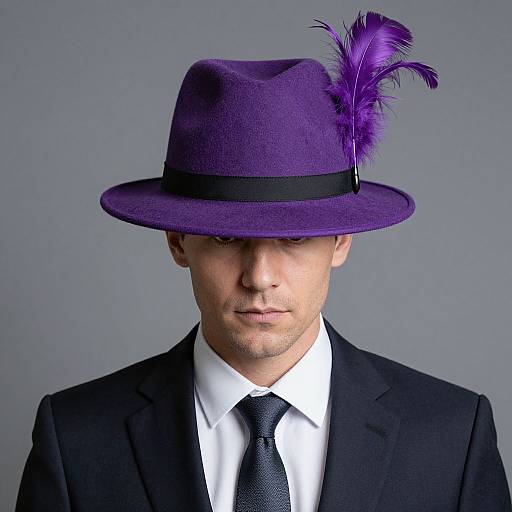 Man Wearing Purple Hat and Feather