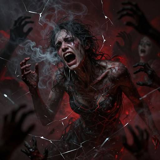 Photorealistic digital art: Fierce, topless woman with wild hair, smoking, screaming, surrounded by dark, ghostly hands, red and