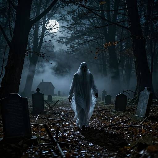 Ghostly figure in white hooded robe walks through dark, misty forest cemetery at night, illuminated by full moon, surrounded by gravestones.
