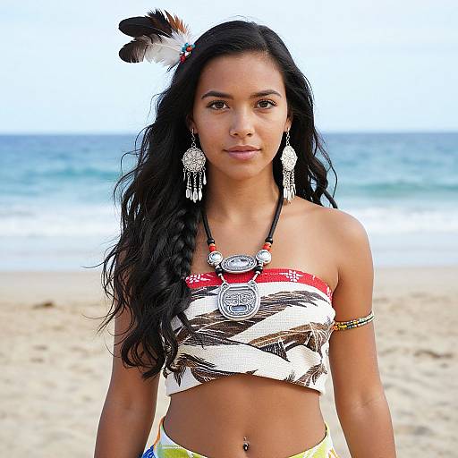 Photograph of a young woman with long black hair, wearing a tribal-inspired strapless top, feather headpiece, large earrings, and arm band,