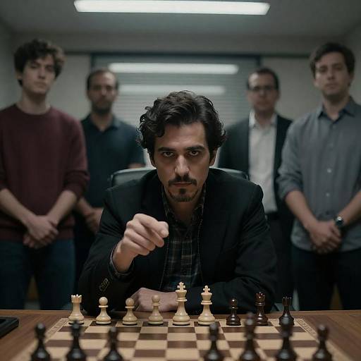 Serious Chess Player Surrounded by Men