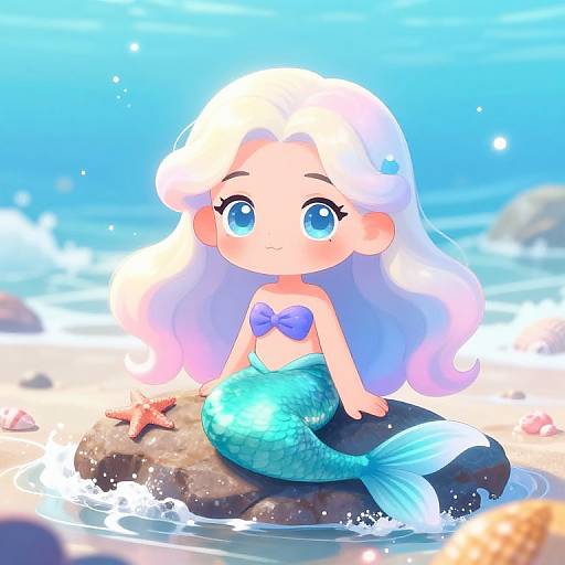 Cute anime-style mermaid with white hair, blue eyes, and turquoise tail, sitting on a rock by the sparkling blue sea.