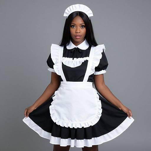 Photograph of a Black woman with long straight hair, wearing a classic black and white French maid outfit, holding her skirt, against a plain gray background