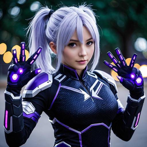 Cosplayer in Purple-Accented Combat Suit with Silver Hair