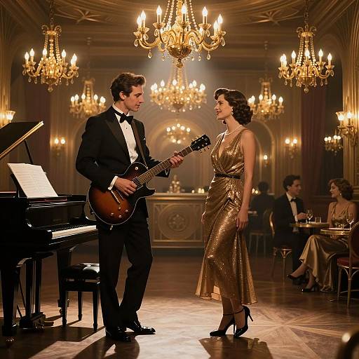 Vintage Jazz Pianist in Elegant Ballroom