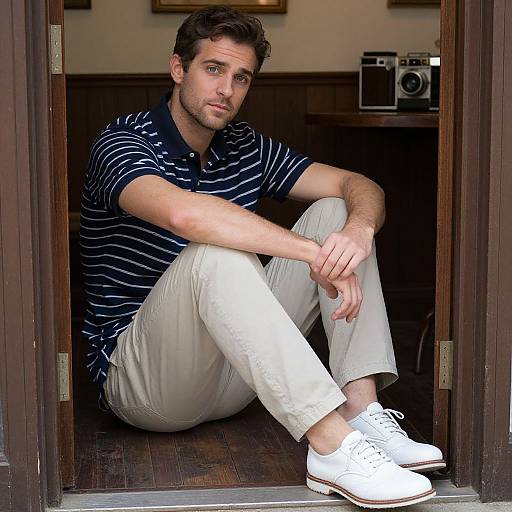 Photograph of a casually dressed, light-skinned man with short brown hair, wearing a navy striped polo and white pants, sitting in a doorway with