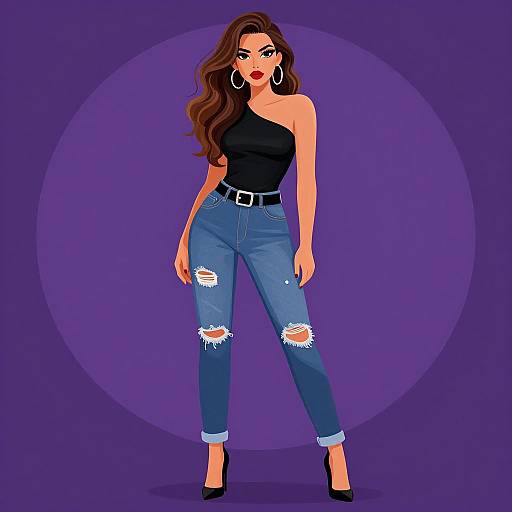 Digital illustration of a confident woman with long brown hair, wearing a black one-shoulder top, ripped blue jeans, black belt, and black high