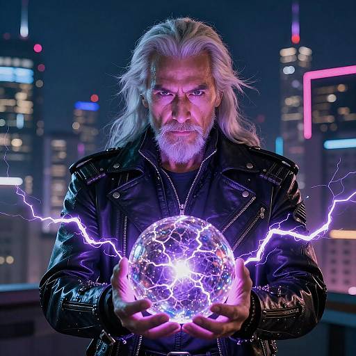 Elderly Sci-Fi Mage in Neon City