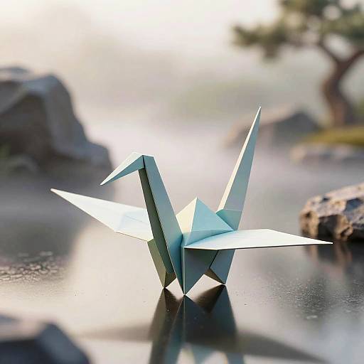 Photograph of a blue origami bird with sharp angles, standing on a reflective water surface, surrounded by blurred rocks and soft sunlight.