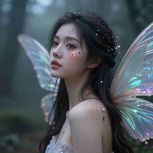Digital fantasy artwork of an ethereal young woman with long black hair, iridescent butterfly wings, and sparkly facial markings, set in a mist