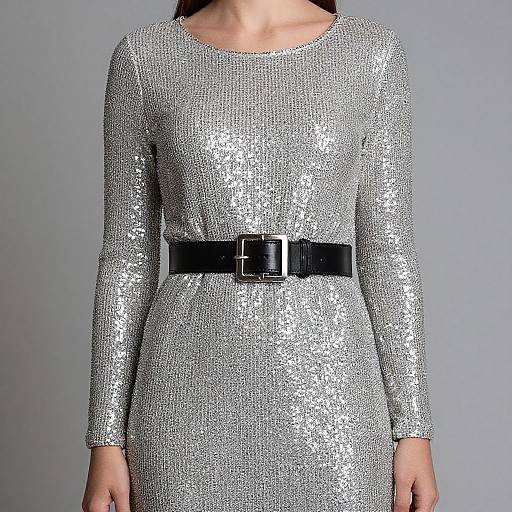Photograph of a woman wearing a shimmering silver sequin dress with long sleeves, black belt, and glossy black buckle, against a plain gray background