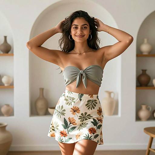 Joyful Young Woman in Floral Skirt
