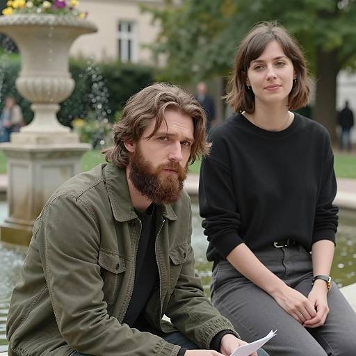 Two People Relaxing in Park Near Fountain