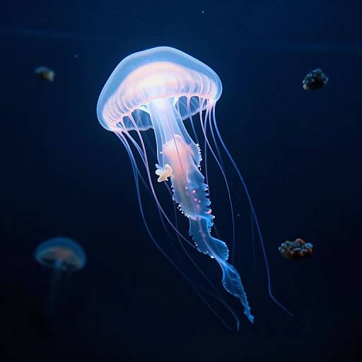 Photograph of a glowing blue jellyfish with translucent tentacles, floating against a dark blue underwater background, surrounded by smaller jellyfish and coral clusters.