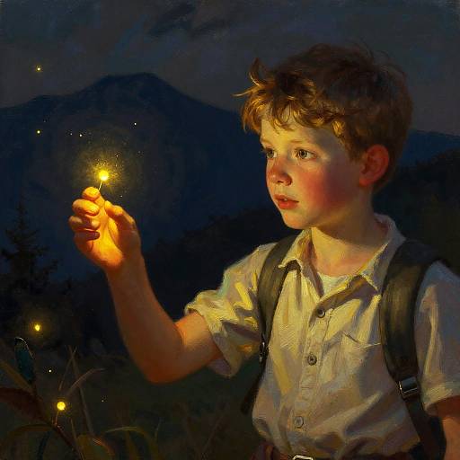 Boy Catching Fireflies in Mountains