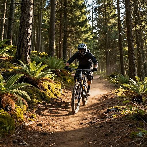 Photograph of a cyclist in black gear and white helmet riding a dirt trail through a sunlit forest with ferns and tall pine trees.