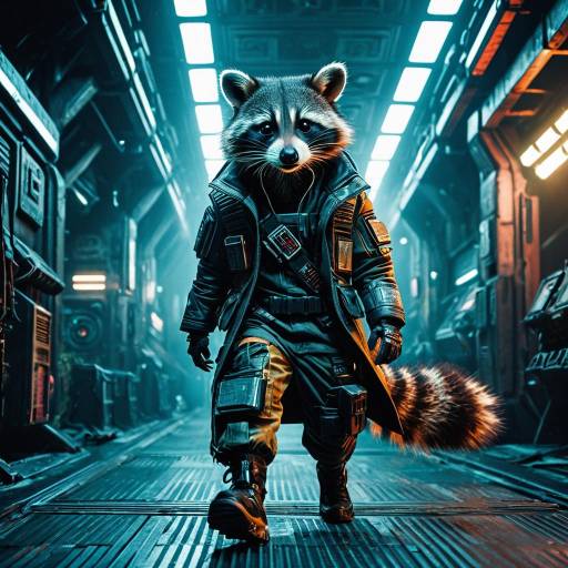 Cyberpunk Raccoon in Futuristic Corridor