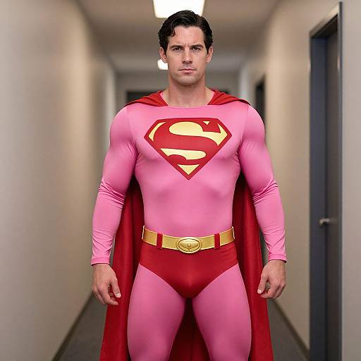 Photograph of a muscular, dark-haired man in a pink Superboy costume with red cape and 