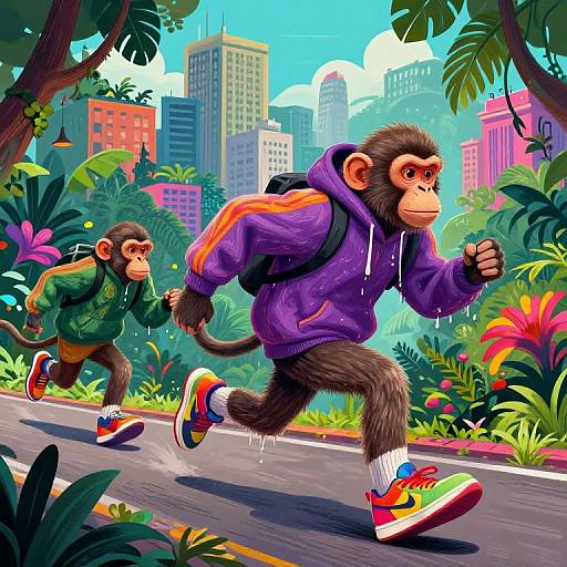 Streetwear Monkeys in Jungle Cityscape