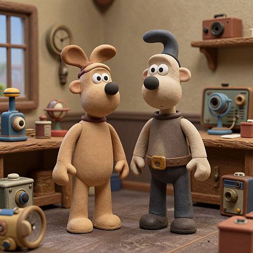 CGI image of two cartoon-style, textured, dog-like characters standing in a vintage, cluttered room with old cameras and wooden shelves.