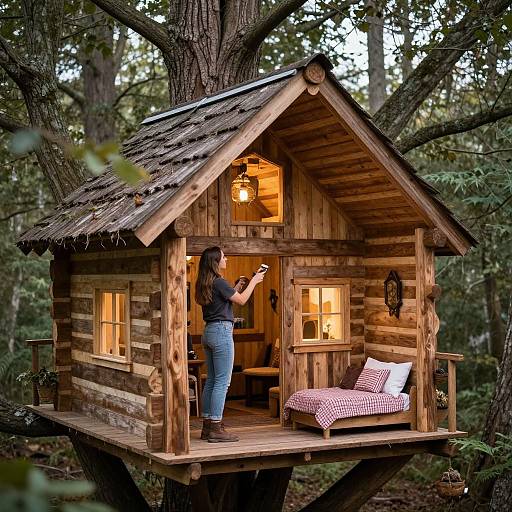 Photograph of a woman with brown hair, wearing a black top and blue jeans, standing in a rustic wooden treehouse, reading a book, with