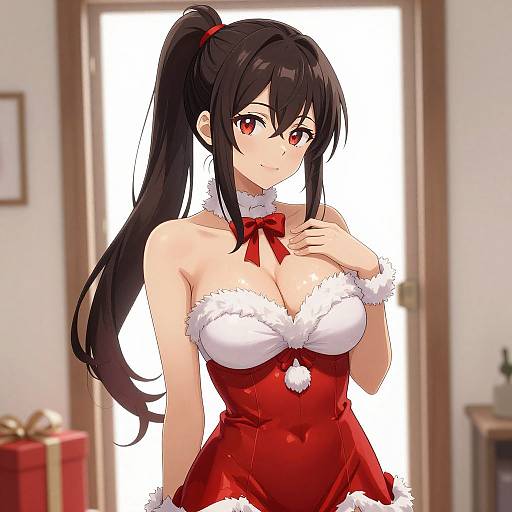 Anime-style digital drawing of a cute, busty woman with long black hair in a ponytail, wearing a red Santa-themed outfit with white fur trim,