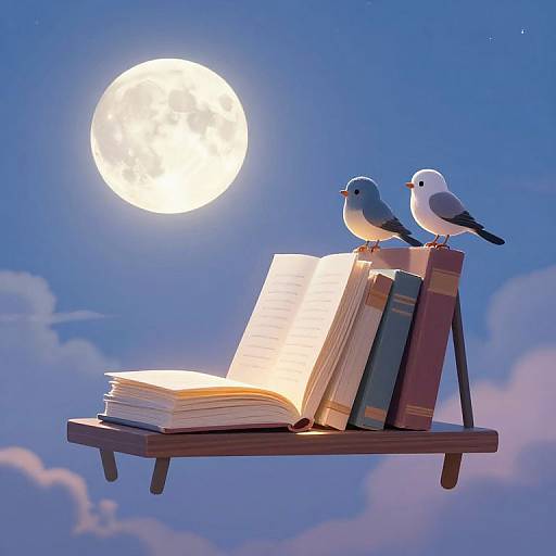 Digital artwork of two birds perched on an open book stack under a bright full moon, floating in a clear, starry night sky.