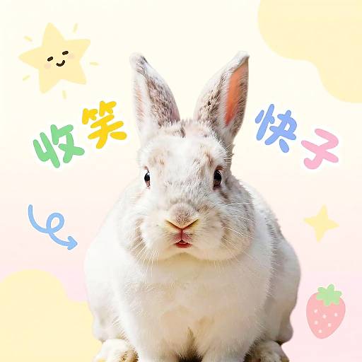 Photograph of a white and gray rabbit with upright ears, centered against a colorful background with Japanese text and star shapes.