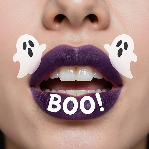 Halloween lips with purple lipstick and ghost illustrations