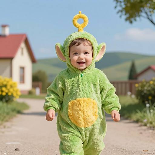 Toddler in Dipsy Teletubbies Costume Outdoors