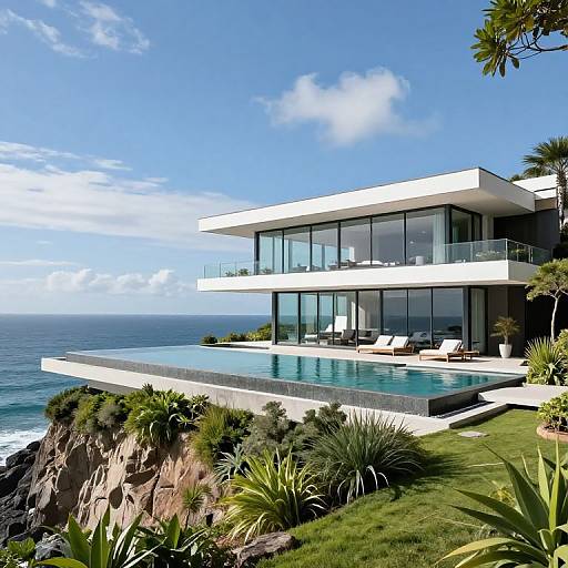Modern two-story house with large glass windows and balcony, overlooking a blue ocean, featuring a sleek infinity pool and lush greenery. Photo.