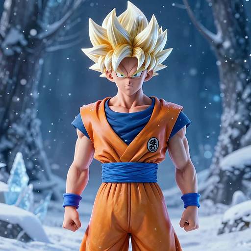 Digital artwork of Super Saiyan Son Goku standing in a snowy forest, wearing his iconic orange and blue martial arts outfit. Intense blue eyes, spiked